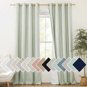 imageNICETOWN Sage Green Blackout Linen Curtains 95 inches Long 2 Pieces 52 Wide Each Panel Bronze Grommet Full Light Blocking Drapes with White Thermal Insulated Coating for Nursery Hall Villa
