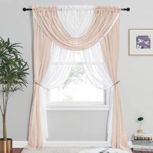 imageNICETOWN Swag Valance for Living Room Farmhouse Waterfall Valance Kitchen Sheer Curtains Country Beaded Curtains for Nursery Baby Bedroom 1 Panel White W59KhakiWhite