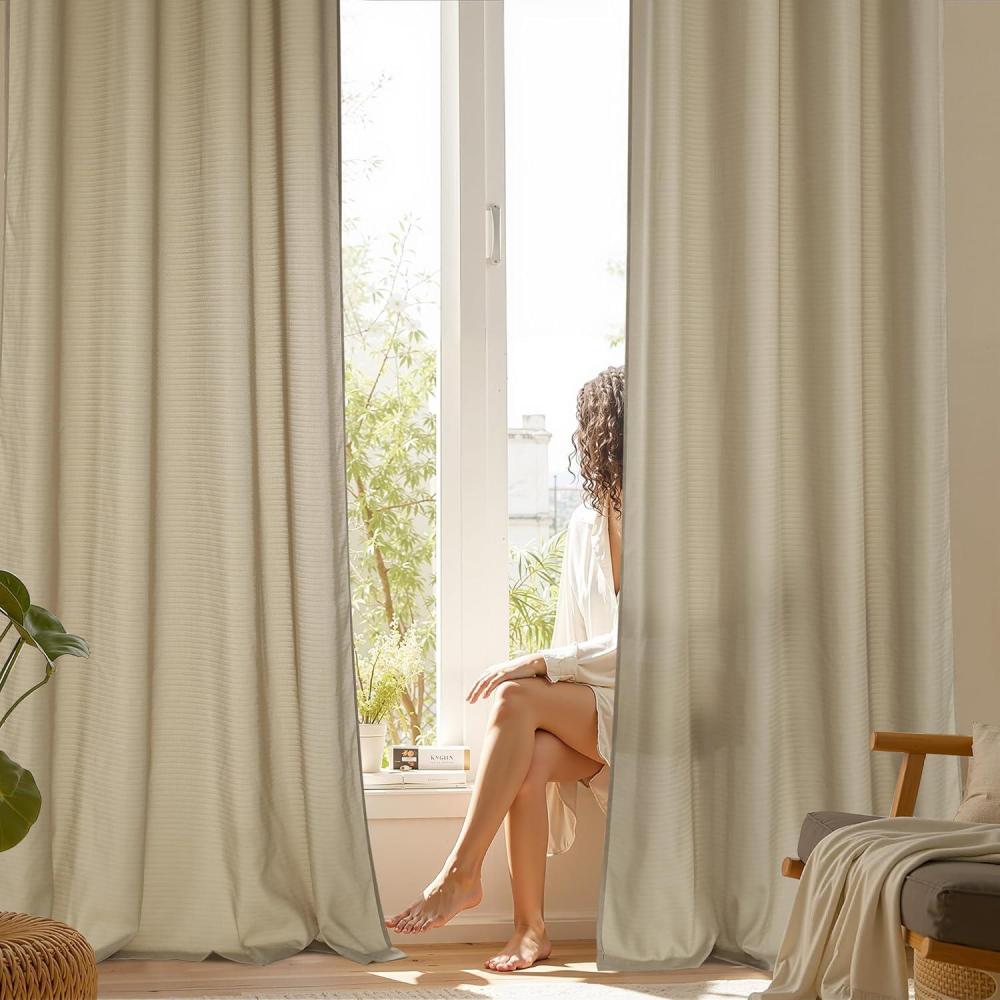 imageNICETOWN Short Sheer Curtains 36 inches Long Privacy Non See Through Drapes for Kitchen 2 Panels Light Filtering Grommet Top Semi Sheer Curtains for Bathroom Office 52 W x 63 L WhiteKhaki
