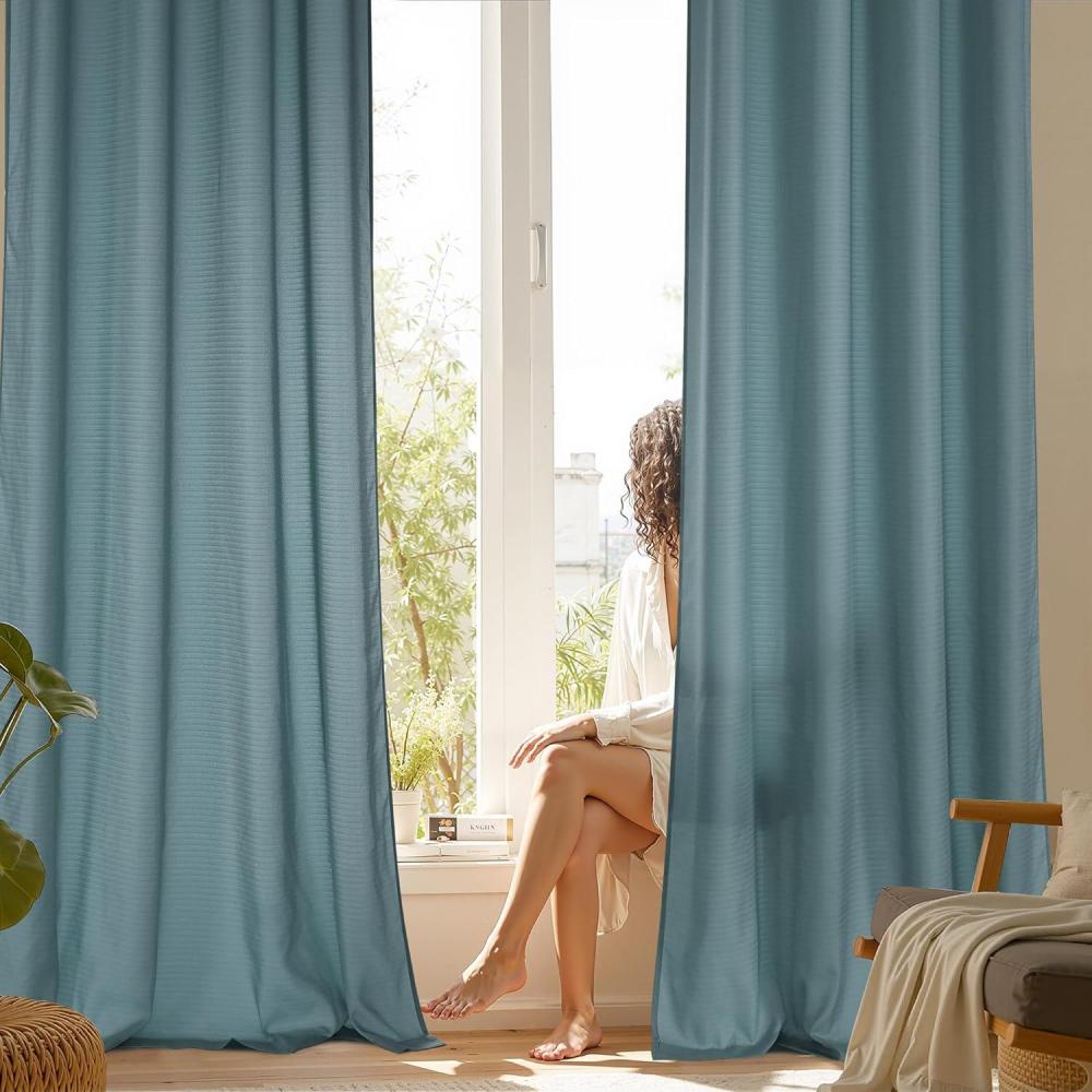 imageNICETOWN Short Sheer Curtains 36 inches Long Privacy Non See Through Drapes for Kitchen 2 Panels Light Filtering Grommet Top Semi Sheer Curtains for Bathroom Office 52 W x 63 L WhiteTurquoise