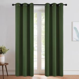 imageNICETOWN Dark Green Blackout Cafe Satin Curtains for Small Windows 42 Wide by 84 Long 2 Panels Grommet Noise Reducing Faux Silk Blackout Drapes for Dining Room