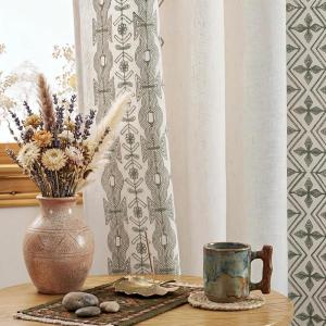 imageNICETOWN Heavy Duty Cream Linen Curtains 96 inch Long Navy Blue Geometric amp Floral Patterned Embroidered Drapes for Living Room Decorative Panels for Nursery Bronze Grommet W52 x L96 Set of 2Cream With Sage Green Embroidery