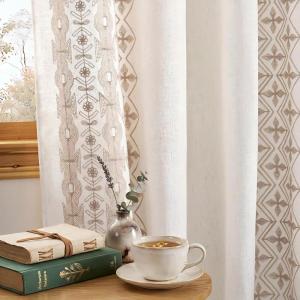imageNICETOWN Heavy Duty Cream Linen Curtains 96 inch Long Navy Blue Geometric amp Floral Patterned Embroidered Drapes for Living Room Decorative Panels for Nursery Bronze Grommet W52 x L96 Set of 2Cream With Light Sand Embroidery