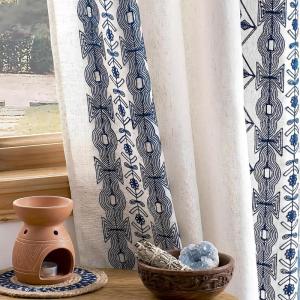imageNICETOWN Heavy Duty Cream Linen Curtains 96 inch Long Navy Blue Geometric amp Floral Patterned Embroidered Drapes for Living Room Decorative Panels for Nursery Bronze Grommet W52 x L96 Set of 2Cream With Navy Blue Embroidery