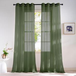 imageNICETOWN Sheer Window Curtain Panels  Ivory Eyelet Top Solid Voile for KitchenHotel 2 Pieces 54 Wide x 84inch LengthForest Green