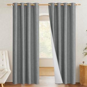 imageNICETOWN 100 Absolutely Blackout Linen Curtains with Thermal Insulated White Liner Dove Grey 52 W x 63 L Set of 2 Burlap Textured Textured Linen Look Privacy Window Treatment for Kitchen