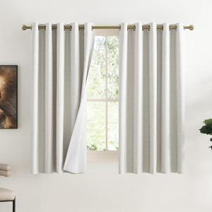 imageNICETOWN 100 Absolutely Blackout Linen Curtains with Thermal Insulated White Liner Ivory 62 W x 63 L Set of 2 Burlap Textured Textured Linen Look Privacy Window Treatment for Kitchen