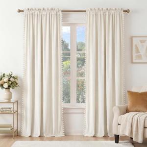 imageNICETOWN Black Velvet Curtains 2 Panels with Gold Foil Leaf Print  Modern Glam Black and Gold Drapes for Living Room Luxury Room Darkening Window Treatments for Bedroom amp Gothic Decor 50W x 84L3  Pom Pom  Ivory White