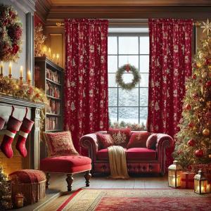 imageNICETOWN Black Velvet Curtains 2 Panels with Gold Foil Leaf Print  Modern Glam Black and Gold Drapes for Living Room Luxury Room Darkening Window Treatments for Bedroom amp Gothic Decor 50W x 84L3  Xmas Series  Red