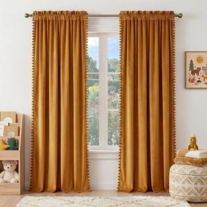 imageNICETOWN Black Velvet Curtains 2 Panels with Gold Foil Leaf Print  Modern Glam Black and Gold Drapes for Living Room Luxury Room Darkening Window Treatments for Bedroom amp Gothic Decor 50W x 84L3  Pom Pom  Mustard Gold