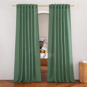 imageNICETOWN Linen Semi Sheer Curtains 72 inches Long Rod Pocket amp Back Tab Thick Flax Linen Weave Drapes Privacy Added with Light Filtering for BedroomFarmhouse Cream W55 x L72 2 PanelsOlive Green