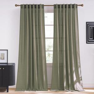 imageNICETOWN Linen Semi Sheer Curtains 72 inches Long Rod Pocket amp Back Tab Thick Flax Linen Weave Drapes Privacy Added with Light Filtering for BedroomFarmhouse Cream W55 x L72 2 PanelsLichen