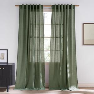 imageNICETOWN Linen Semi Sheer Curtains 72 inches Long Rod Pocket amp Back Tab Thick Flax Linen Weave Drapes Privacy Added with Light Filtering for BedroomFarmhouse Cream W55 x L72 2 PanelsForest Green