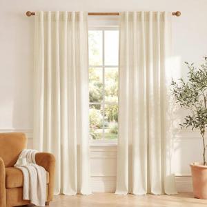 imageNICETOWN Linen Semi Sheer Curtains 72 inches Long Rod Pocket amp Back Tab Thick Flax Linen Weave Drapes Privacy Added with Light Filtering for BedroomFarmhouse Cream W55 x L72 2 PanelsBeige