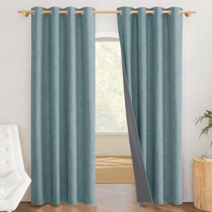 imageNICETOWN 100 Absolutely Blackout Linen Curtains with Thermal Insulated White Liner Skylark Blue 52 inches Wide 84 inches Length Energy Saving Curtains for Living Room 2 Panels Set Vertical Blinds