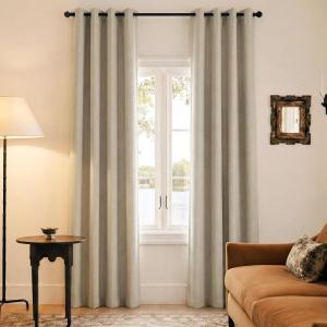 imageNICETOWN 100 Blackout Curtains for Bedroom 96 Inches Long 2 Panels Set Grey Grommet Thermal Insulated Flax Textured Full Light Blocking Window Draperies for Living Room 52 WBeige