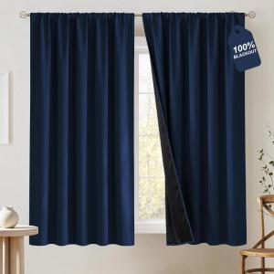 imageNICETOWN 100 Blackout Natural Curtains for Bedroom Rod Pocket Thermal Curtains Sound Reducing Window Treatments EasyMatching for Living Room W42 x L72 2 PanelsNavy Blue