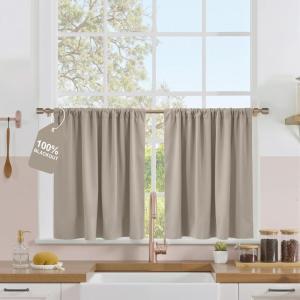 imageNICETOWN 100 Blackout Natural Curtains for Bedroom Rod Pocket Thermal Curtains Sound Reducing Window Treatments EasyMatching for Living Room W42 x L72 2 PanelsNatural