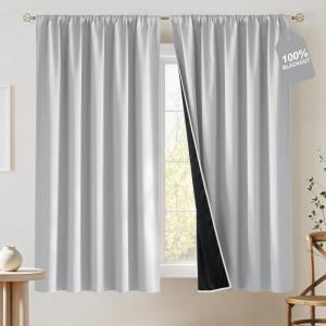 imageNICETOWN 100 Blackout Natural Curtains for Bedroom Rod Pocket Thermal Curtains Sound Reducing Window Treatments EasyMatching for Living Room W42 x L72 2 PanelsGreyish White