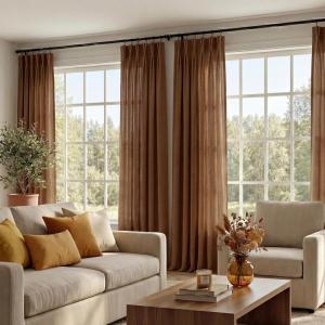 imageNICETOWN Pinch Pleated Linen Blend Curtains 84 inches Long 2 Panels Set Semi Sheer Privacy with Light Filtering Window Treatments Home Decor for BedroomLiving Room Ivory W40 x L84Gold Brown