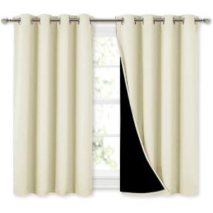 imageNICETOWN Room Warming Curtains Bedroom Full Blackout Panels Super Thick Insulated Window Covers Complete Blackout Draperies with Black Liner for Short Window Beige Set of 2 52 by 45inch