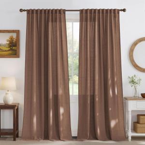 imageNICETOWN Thick Linen Semi Sheer Gold Brown Curtains for Famhouse Pleat Tape Semi Sheer Drapes Privacy Added with Light Filtering Window Treatments for Bedroom W52 x L108 2 PanelsGold Brown