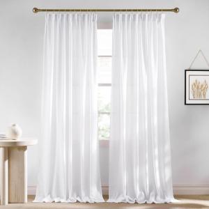 imageNICETOWN Thick Linen Semi Sheer Gold Brown Curtains for Famhouse Pleat Tape Semi Sheer Drapes Privacy Added with Light Filtering Window Treatments for Bedroom W52 x L108 2 PanelsWhite