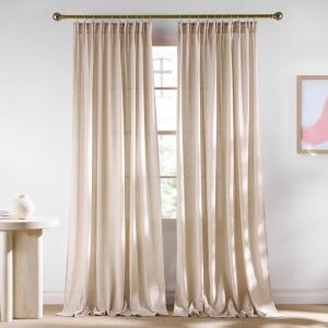 imageNICETOWN Thick Linen Semi Sheer Gold Brown Curtains for Famhouse Pleat Tape Semi Sheer Drapes Privacy Added with Light Filtering Window Treatments for Bedroom W52 x L108 2 PanelsAngora