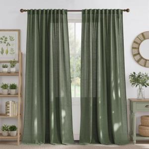 imageNICETOWN Thick Linen Semi Sheer Gold Brown Curtains for Famhouse Pleat Tape Semi Sheer Drapes Privacy Added with Light Filtering Window Treatments for Bedroom W52 x L108 2 PanelsForest Green