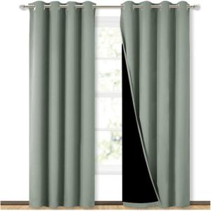 imageNICETOWN 100 Blackout Window Curtain Panels Cold and Full Light Blocking Drapes with Black Liner for Nursery 84 inches Drop Thermal Insulated Draperies Greyish Green 2 Pieces 52 Wide per Panel