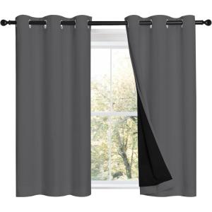 imageNICETOWN Grey 100 Blackout Room Warming Curtains 45 inches Long Thermal Insulated Full Blackout 2Layer Lined Curtains Energy Efficiency Window Draperies for Dining Room 2 Panels 42inch W