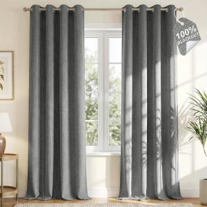 imageNICETOWN 100 Blackout Linen Beige Curtains 84 inches Long for Living Room White Liner Composite Grommet Bedroom Thermal Drapes Casual Home Decor Window Treatments 2 Panels W52 x L84Grey