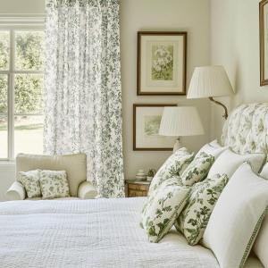 imageNICETOWN Blue Floral Curtains for Bedroom amp Living Room Linen Blend Drapes with Vintage Peony Privacy amp Light Filtering Inspired by British Museums Blue amp White Porcelain W52 x L84 in 2 PanelsSage Green