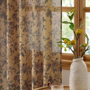 imageNICETOWN Blue Floral Curtains for Bedroom amp Living Room Linen Blend Drapes with Vintage Peony Privacy amp Light Filtering Inspired by British Museums Blue amp White Porcelain W52 x L84 in 2 PanelsTerracotta Ink