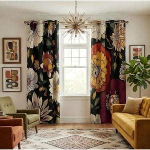 imageNICETOWN Boho Floral Curtains 100 Blackout for Living Room Bedroom 96 Inches Long Vintage Flower Drapes Thermal Insulated Soundproof Mid Century Botanica Grommet Window Treatment 52 W 2 PanelsBlack Boho Floral