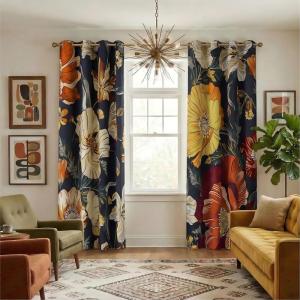 imageNICETOWN Boho Floral Curtains 100 Blackout for Living Room Bedroom 96 Inches Long Vintage Flower Drapes Thermal Insulated Soundproof Mid Century Botanica Grommet Window Treatment 52 W 2 PanelsNavy Blue Boho Floral