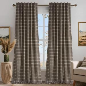 imageNICETOWN Buffalo Plaid Full Blackout Linen Curtain Panels 84 Inches Length Moss Green Farmhouse Window Treatment Thermal Insulated Drapes for Bedroom Living Room Rod Pocket Back Tab 52 W x 84 LGrid Pattern  Taupe