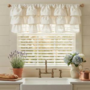 imageNICETOWN Farmhouse Valance Curtains 20 Inches Long for Kitchen amp Bathroom ThreeTiered Ruffle Valance Curtains Satin Texture Light Filtering Window Coverings 52 WLinen