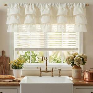 imageNICETOWN Farmhouse Valance Curtains 20 Inches Long for Kitchen amp Bathroom ThreeTiered Ruffle Valance Curtains Satin Texture Light Filtering Window Coverings 52 WBeige Linen