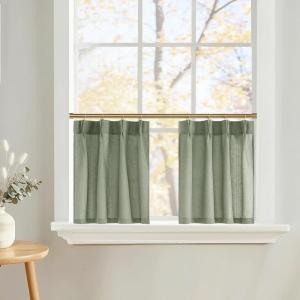 imageNICETOWN Natural Pinch Pleated Linen Kitchen Curtains 36 Inches Long 2 Panels Set Farmhouse Light Filtering Short Curtains for Cafe Bar Living Room Bedroom Window 40 W x 36 LSage Green