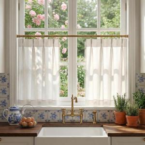 imageNICETOWN Natural Pinch Pleated Linen Kitchen Curtains 36 Inches Long 2 Panels Set Farmhouse Light Filtering Short Curtains for Cafe Bar Living Room Bedroom Window 40 W x 36 LNatural