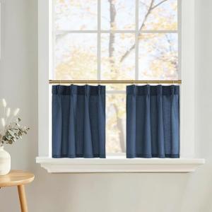 imageNICETOWN Natural Pinch Pleated Linen Kitchen Curtains 36 Inches Long 2 Panels Set Farmhouse Light Filtering Short Curtains for Cafe Bar Living Room Bedroom Window 40 W x 36 LNavy Blue
