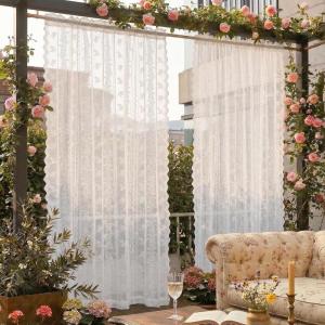 imageNICETOWN Outdoor Sheer Curtains for Patio Waterproof White Lace Drapes for Porch Pergola Gazebo Chic Decor with Lily of the Valley Striped Wave Edge Rod Pocket Top 2 Panels W54 x L84 inIvory White
