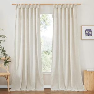 imageNICETOWN Pink Linen Curtains for Girls Room Tie Top Stripe Pattern Light Filtering Semi Sheer Window Treatments DIY Crafted Privacy for Bedroom W52 x L84 2 PanelsNatural