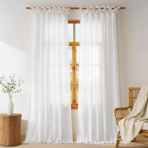 imageNICETOWN Pink Linen Curtains for Girls Room Tie Top Stripe Pattern Light Filtering Semi Sheer Window Treatments DIY Crafted Privacy for Bedroom W52 x L84 2 PanelsWhite
