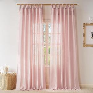 imageNICETOWN Pink Linen Curtains for Girls Room Tie Top Stripe Pattern Light Filtering Semi Sheer Window Treatments DIY Crafted Privacy for Bedroom W52 x L84 2 PanelsPink