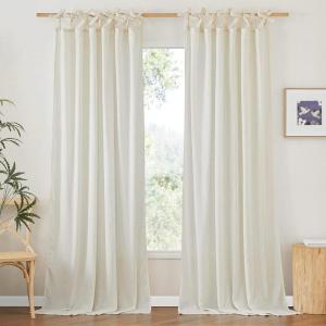 imageNICETOWN Pink Linen Curtains for Girls Room Tie Top Stripe Pattern Light Filtering Semi Sheer Window Treatments DIY Crafted Privacy for Bedroom W52 x L84 2 PanelsOff White