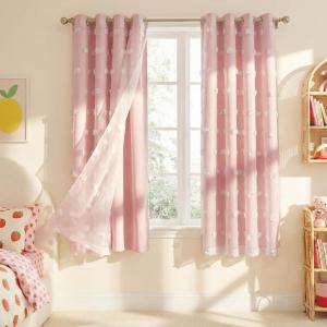 imageNICETOWN Pom Pom Pink Curtains for Kids Room 84 inches Long Room Darkening Double Layer Sheer Thermal Drapes Grommet Window Treatments for Girls BedroomNursery W52 x L84 2 PanelsCrystal Pink
