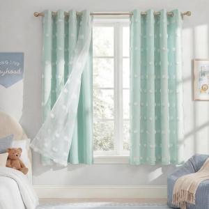 imageNICETOWN Pom Pom Pink Curtains for Kids Room 84 inches Long Room Darkening Double Layer Sheer Thermal Drapes Grommet Window Treatments for Girls BedroomNursery W52 x L84 2 PanelsAqua