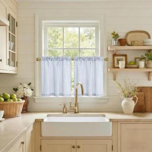 imageNICETOWN Sheer Linen Kitchen Curtains 24 Inch Length Sage Green Striped Print Curtains for Living Room Bedroom Farmhouse Bathroom Decor with Rod Pocket for Window 3024 2 PanelsBlue